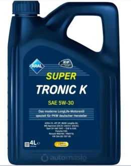 Олива моторна 5W-30 4L SUPER TRONIC K ACEA C3, API SN,VW 504.00/507.00,MB 229.31/MB 229.51 ARAL 15F476