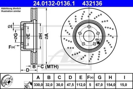 Диск гальмівний (передній) MB E-class (W211/S211) 03-09 (330x32) ATE 24.0132-0136.1