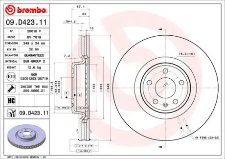 Диск гальмівний передній Audi Q7 2.0-3.0Dh 01.15- BREMBO 09.D423.11