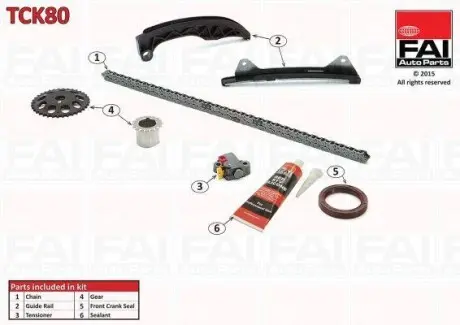 Комплект ланцюга ГРМ (ланцюг+2 шестерні+натяжн.+лижі) Citroen C1 1.0 05-/Peugeot 107 05-/Toyota Yaris 1.0 05- FAI AUTOPARTS TCK80