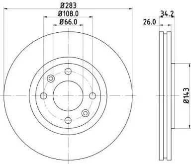 Диск тормозной передний (283x26) PSA C4/Berlingo/C3/Xsara/DS3/DS5/DS4/C5/2008/Partner/5008/3008/207/308/307/1007/Ranch/206 (03-17) Hella Pagid 8DD 355 108-371