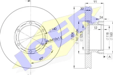 Диск гальмівний (передній) MB 609/Vario 512 16" (304х30) (вентильований) ICER 78BD4240-1