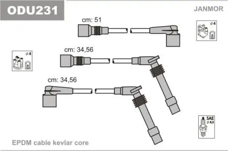 Комплект высоковольтных кабелей Opel Vectra 1.6/1.8/2.0 88- Janmor ODU231
