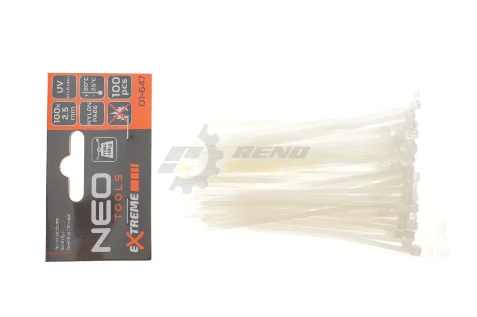 Стяжки кабельные EXTREME 2,5×100 мм, белые 100 шт. NEO TOOLS 01-647 (фото 1)