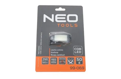Налобный фонарь с аккумулятором USB 180 lm COB LED + датчик движения NEO TOOLS 99069
