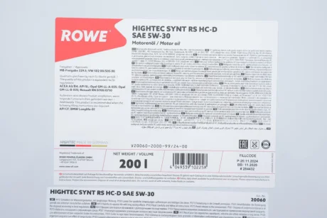 Масло моторное 5W30 HIGHTEC SYNT RS HC-D (200L) (MB 229.5/VW 502 00/505 00/GM-LL-A-025/BMW LL-01) ROWE 20060-2000-99