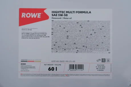 Масло моторное 5W50 HIGHTEC MULTI FORMULA (60L) (VW 502 00/505 00/505 01/MB 229.31/229.51/226.5) (ACEA C3) ROWE 20148-0600-99