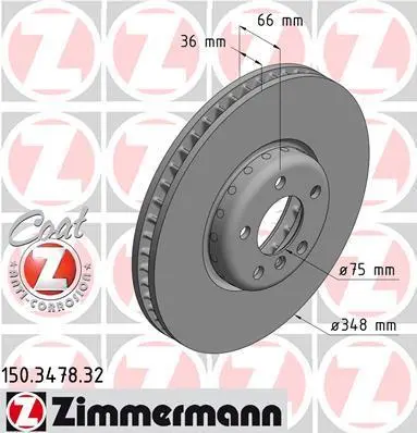 Диск гальмівний (передній) BMW 5 (F10/F11)/6 (F12/F13)/7 (F01-F04) 10- (348x36) (L)(з покр.)(вентил.) ZIMMERMANN 150.3478.32 (фото 1)