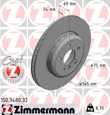 Диск гальмівний (задній) BMW 5 (F10/F11)/6 (F06/F13)/ 7 (F01-04) 09- (345x24) (з покриттям) (вент.) ZIMMERMANN 150.3480.32 (фото 1)